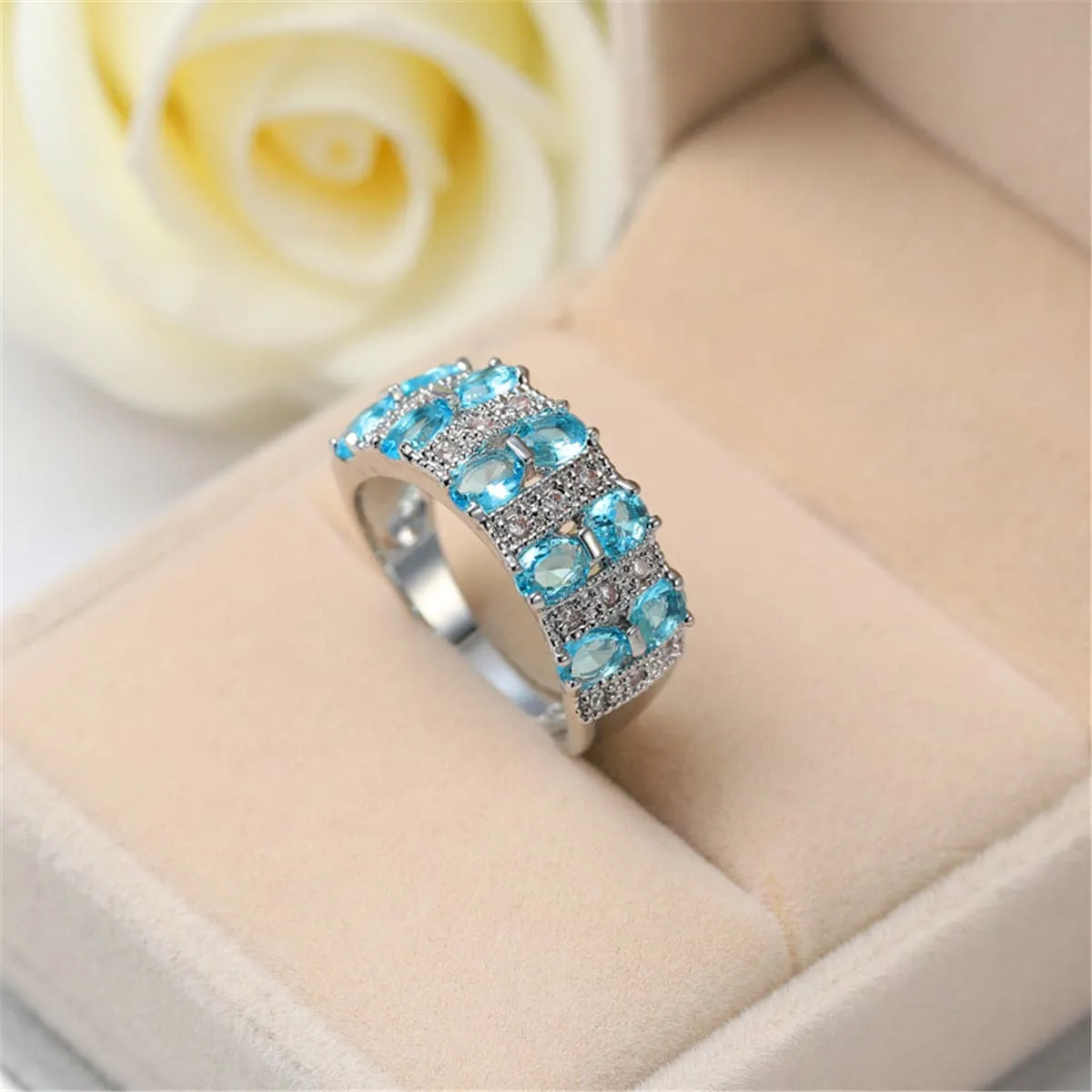 Sea Blue Crystal & Silver-Plated Oval-Cut Band Ring