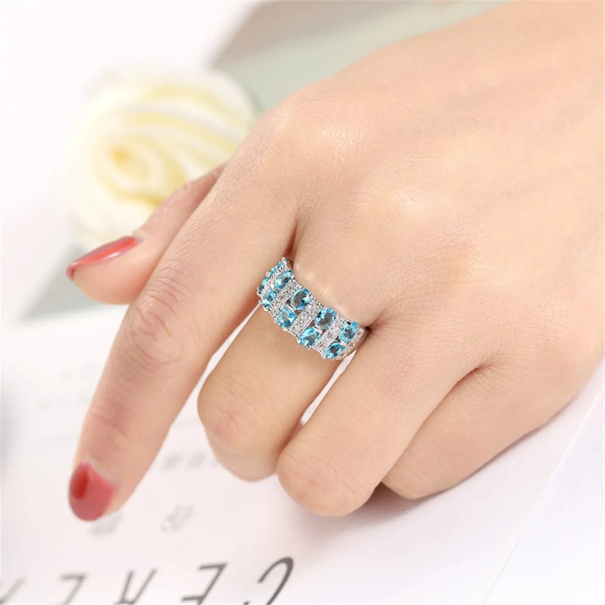 Sea Blue Crystal & Silver-Plated Oval-Cut Band Ring