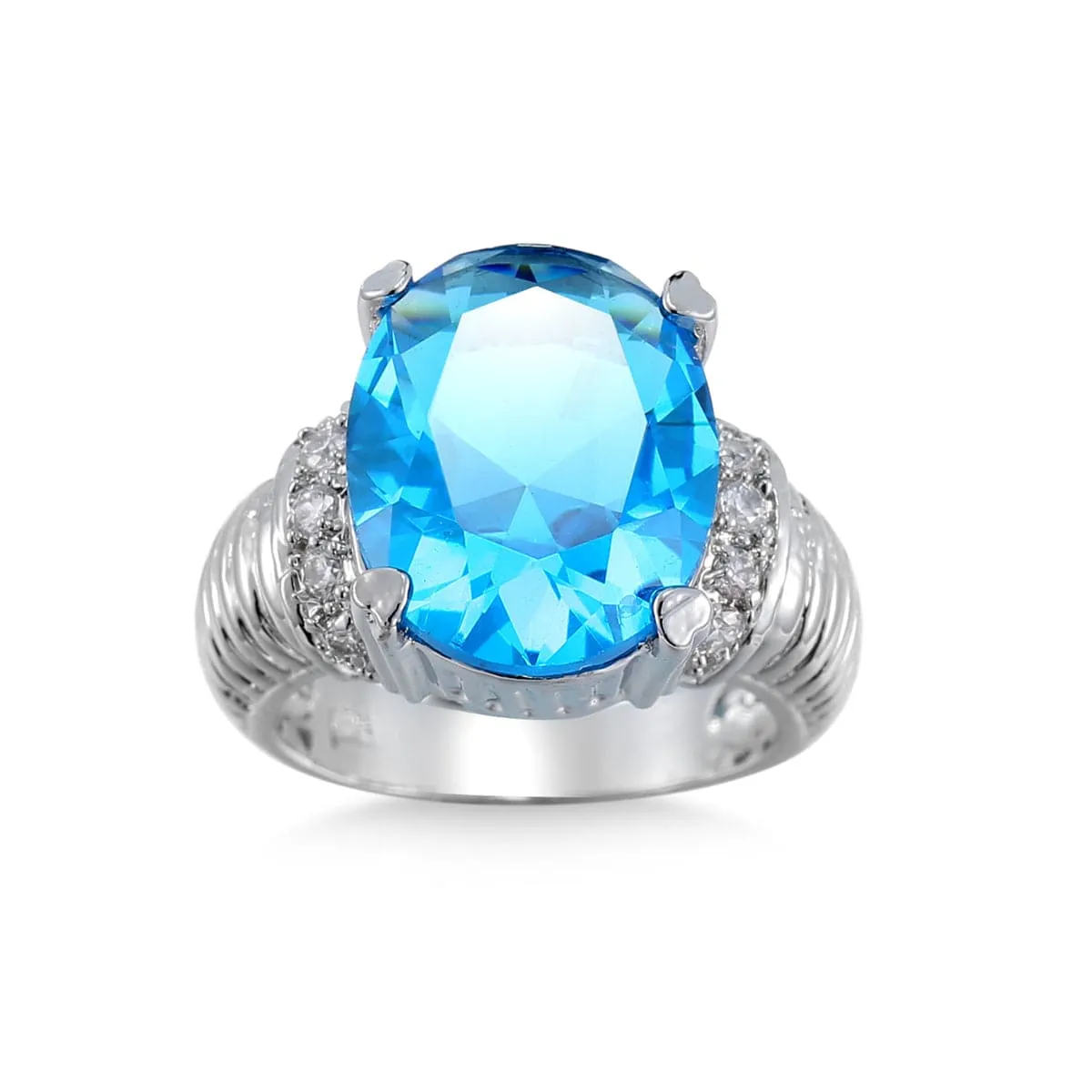 Sea Blue Cubic Zirconia & Crystal Textured Oval Ring