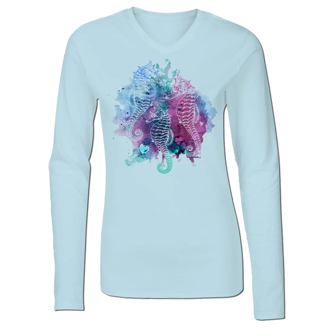 Seahorses - Ladies V-Neck Long Sleeve Performance Shirt