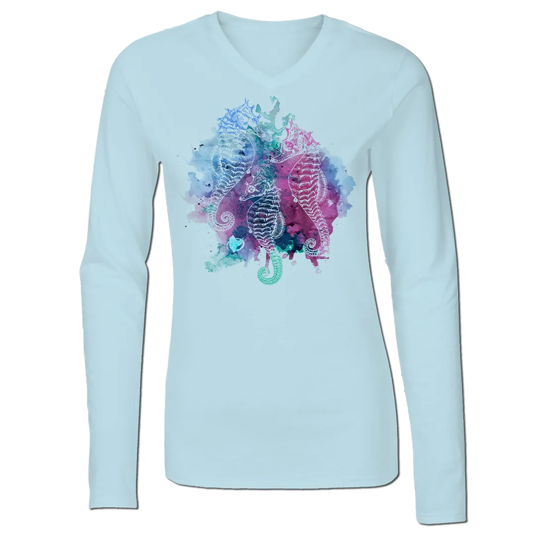 Seahorses - Ladies V-Neck Long Sleeve Performance Shirt