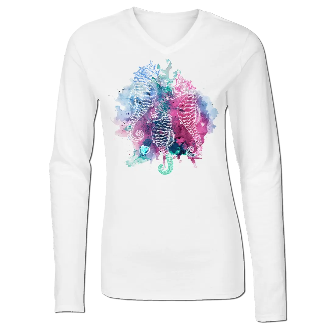 Seahorses - Ladies V-Neck Long Sleeve Performance Shirt