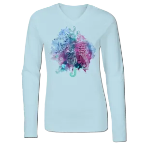 Seahorses - Ladies V-Neck Long Sleeve Performance Shirt