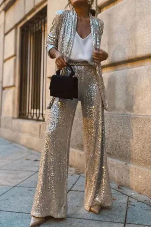 Sequin Luxe™ | Women's Tailored Blazer & High-Waisted Wide-Leg Trousers | Sequin Design, Stylish Partywear Outfit