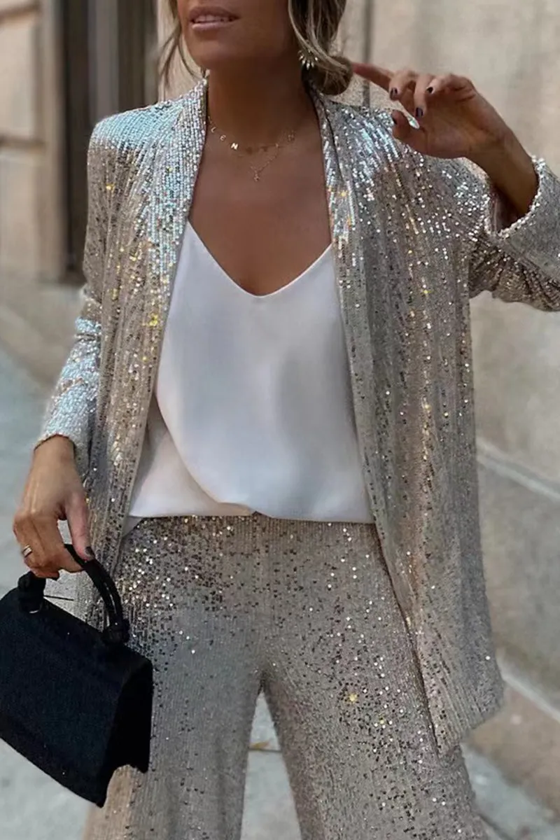 Sequin Luxe™ | Women's Tailored Blazer & High-Waisted Wide-Leg Trousers | Sequin Design, Stylish Partywear Outfit