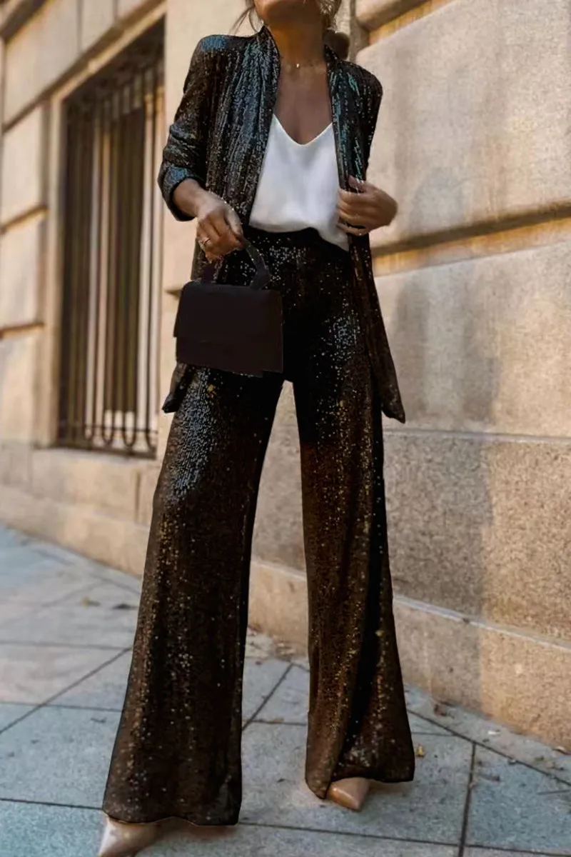 Sequin Luxe™ | Women's Tailored Blazer & High-Waisted Wide-Leg Trousers | Sequin Design, Stylish Partywear Outfit