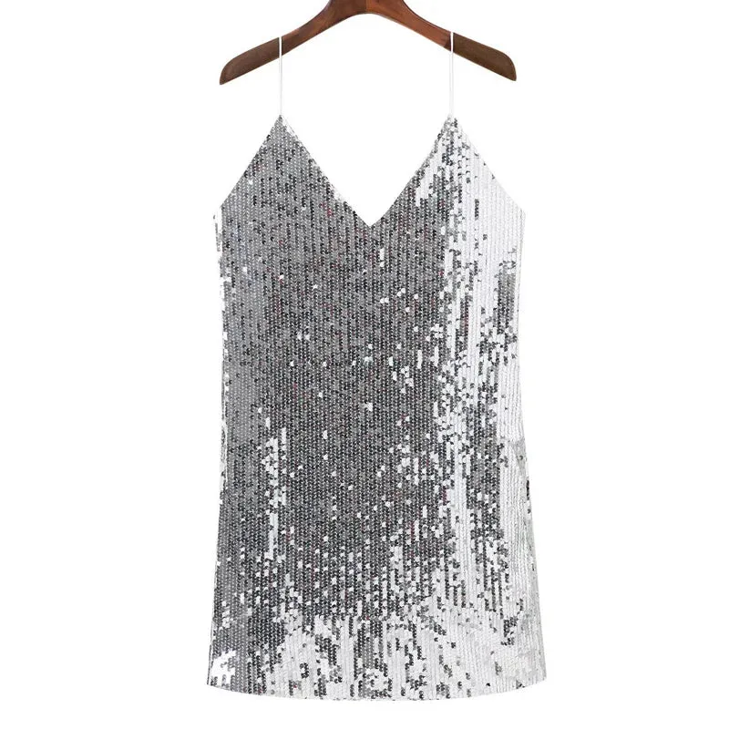 Sequined Aura™ | Women's Backless Mini Dress | Deep V Neck, Off Shoulder, Silver Sequins for Party & Club Wear