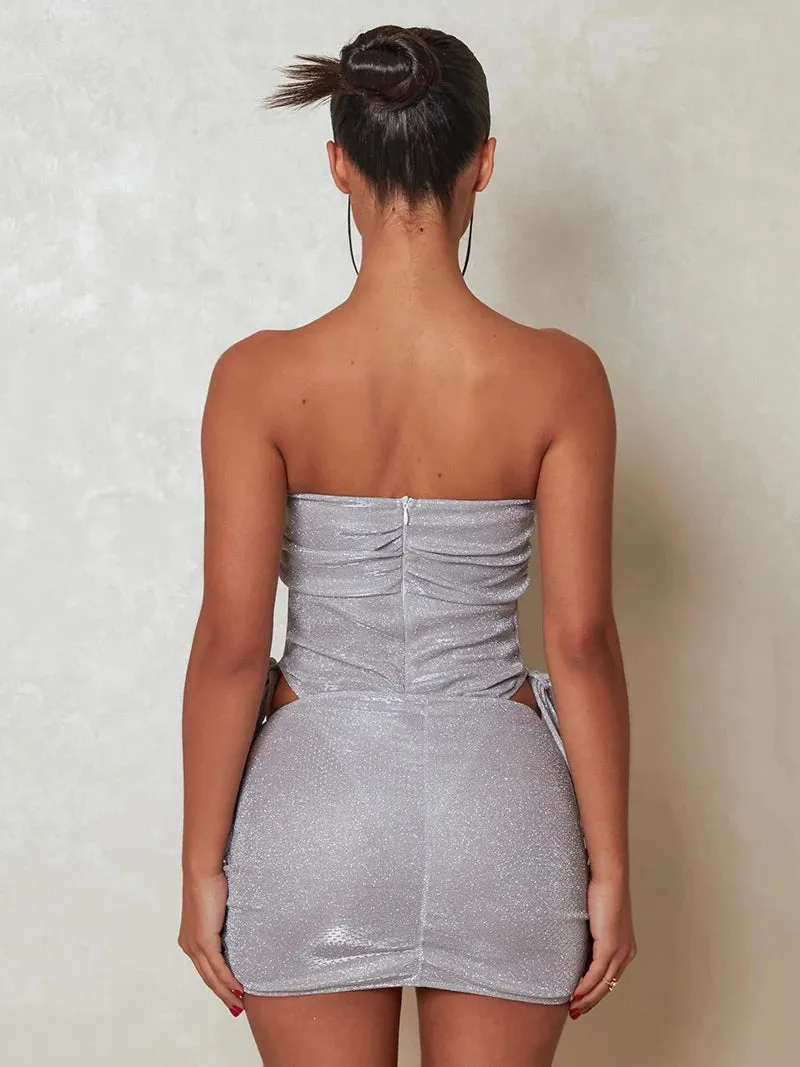 Sexy Glitter 2-Piece Dress Skirt Set Women's Strapless Bodysuit And Mini Skirt Matching Set Party Drawstring Two Piece Sets