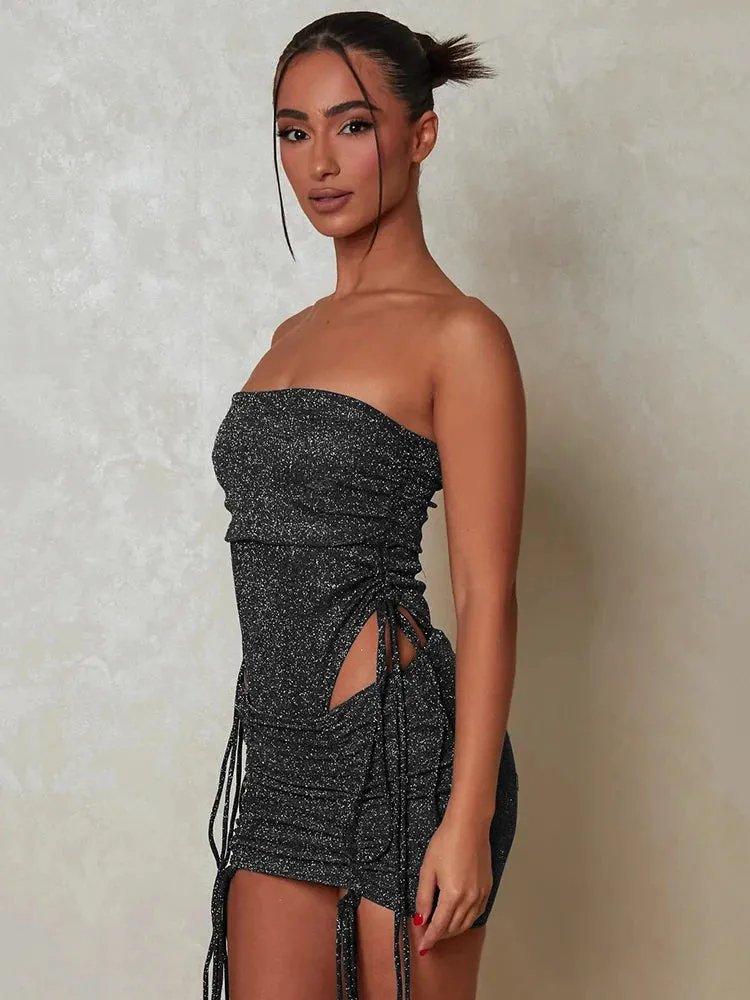 Sexy Glitter 2-Piece Dress Skirt Set Women's Strapless Bodysuit And Mini Skirt Matching Set Party Drawstring Two Piece Sets