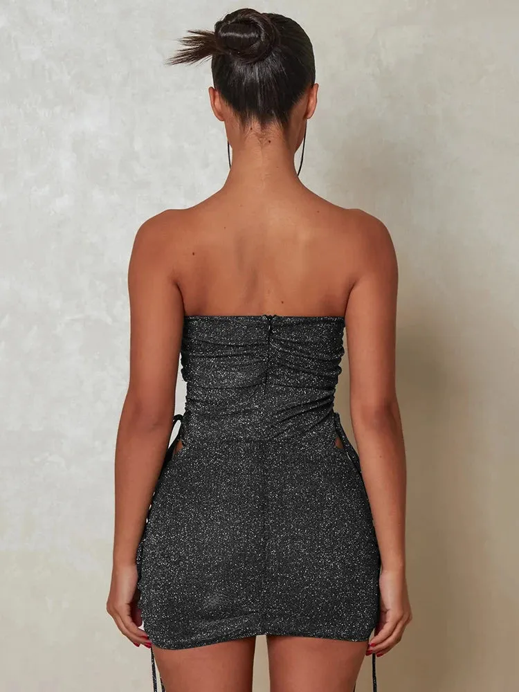 Sexy Glitter 2-Piece Dress Skirt Set Women's Strapless Bodysuit And Mini Skirt Matching Set Party Drawstring Two Piece Sets
