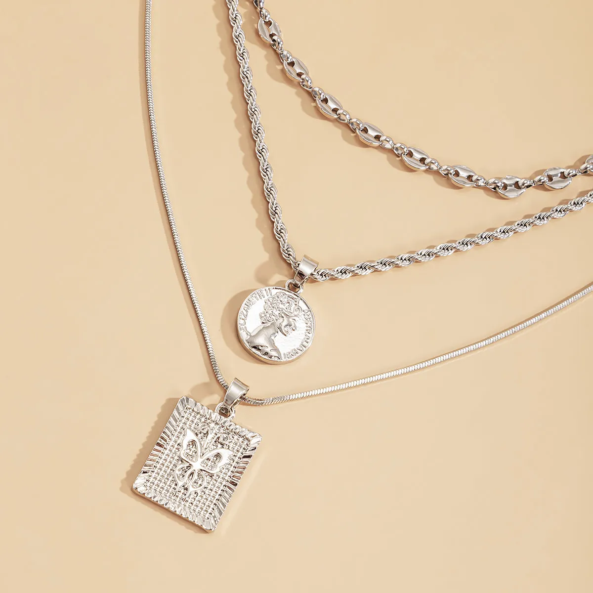 Silver-Plated Coin & Butterfly Layered Pendant Necklace
