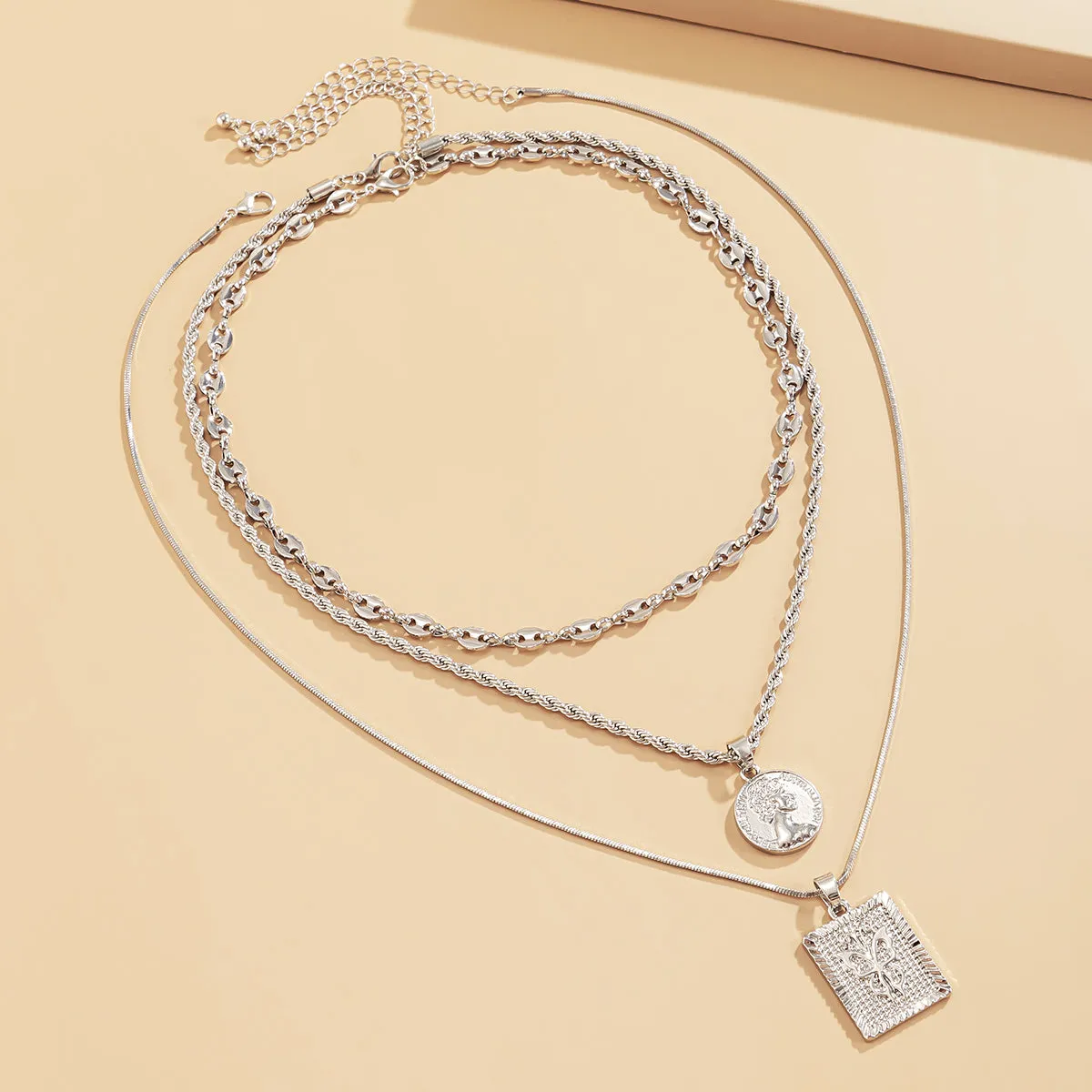 Silver-Plated Coin & Butterfly Layered Pendant Necklace