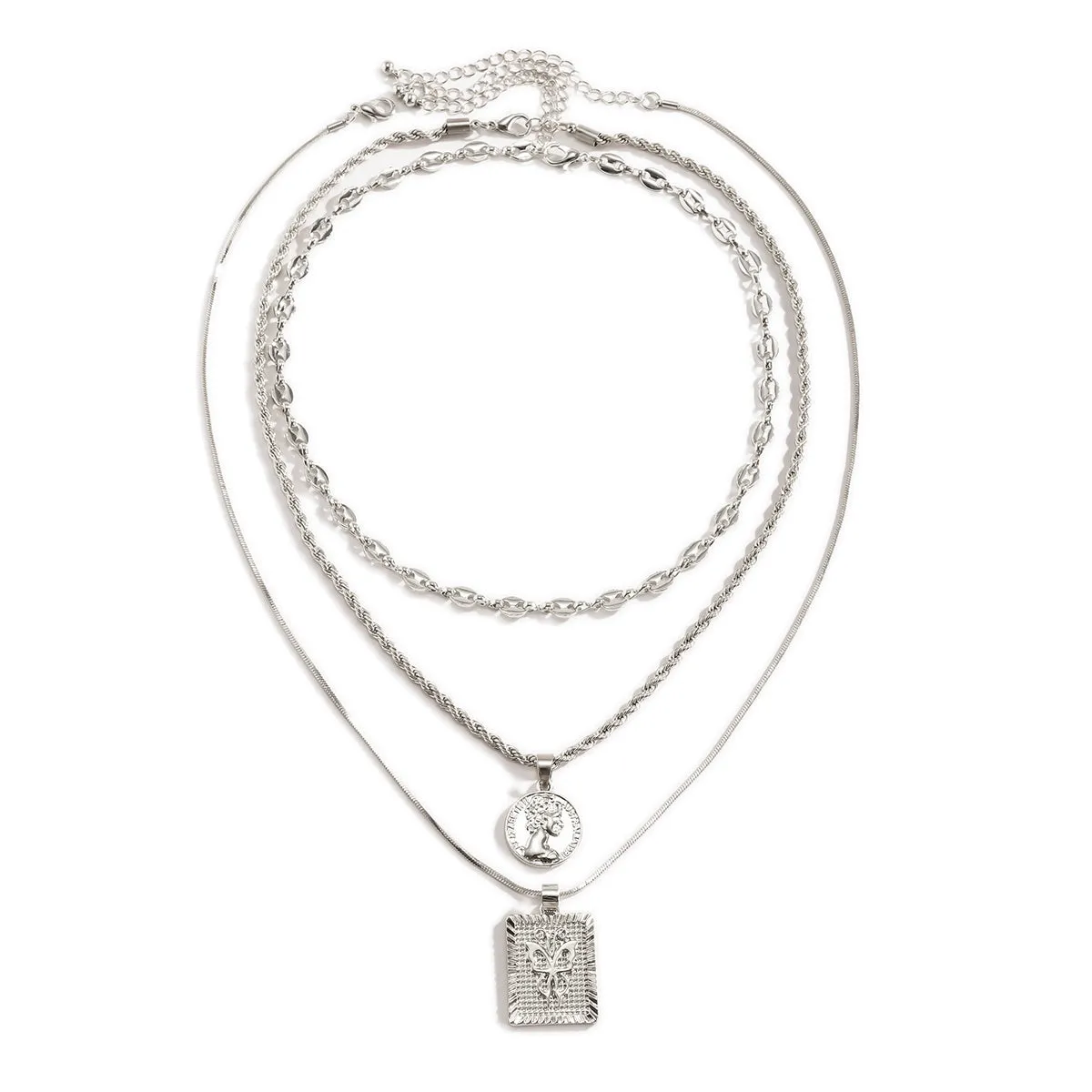 Silver-Plated Coin & Butterfly Layered Pendant Necklace