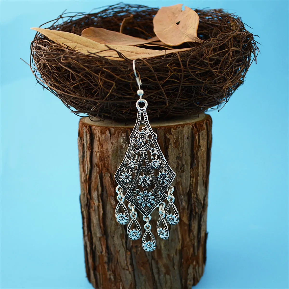 Silver-Plated Engraving Hollow Drop Earrings