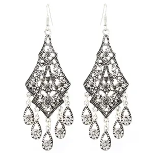 Silver-Plated Engraving Hollow Drop Earrings