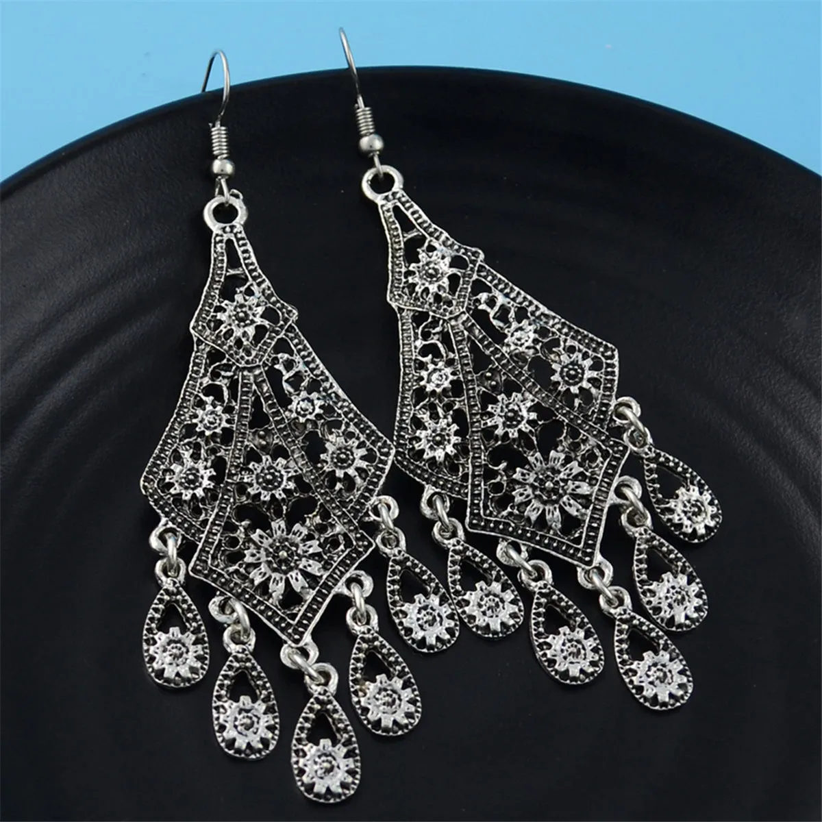 Silver-Plated Engraving Hollow Drop Earrings