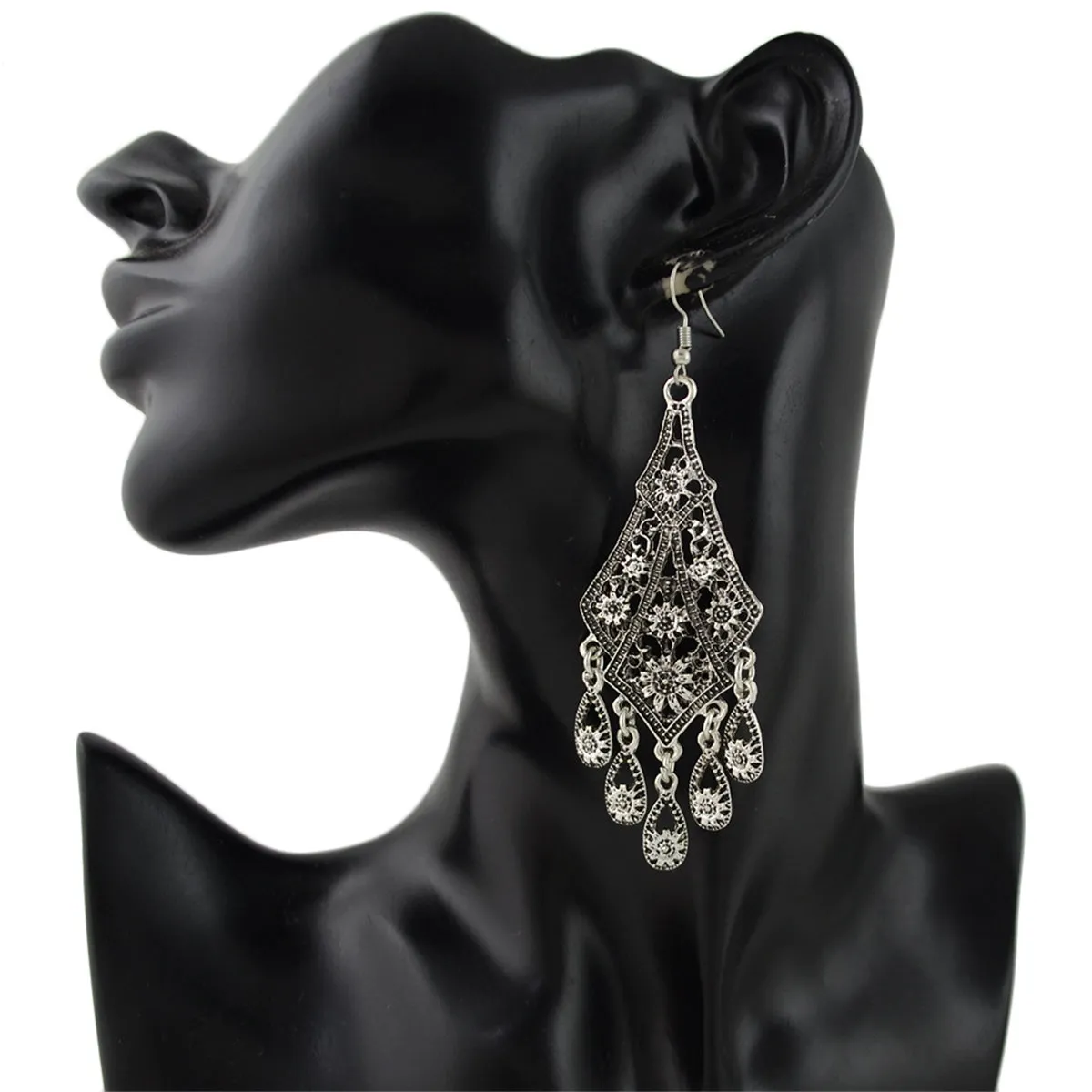 Silver-Plated Engraving Hollow Drop Earrings