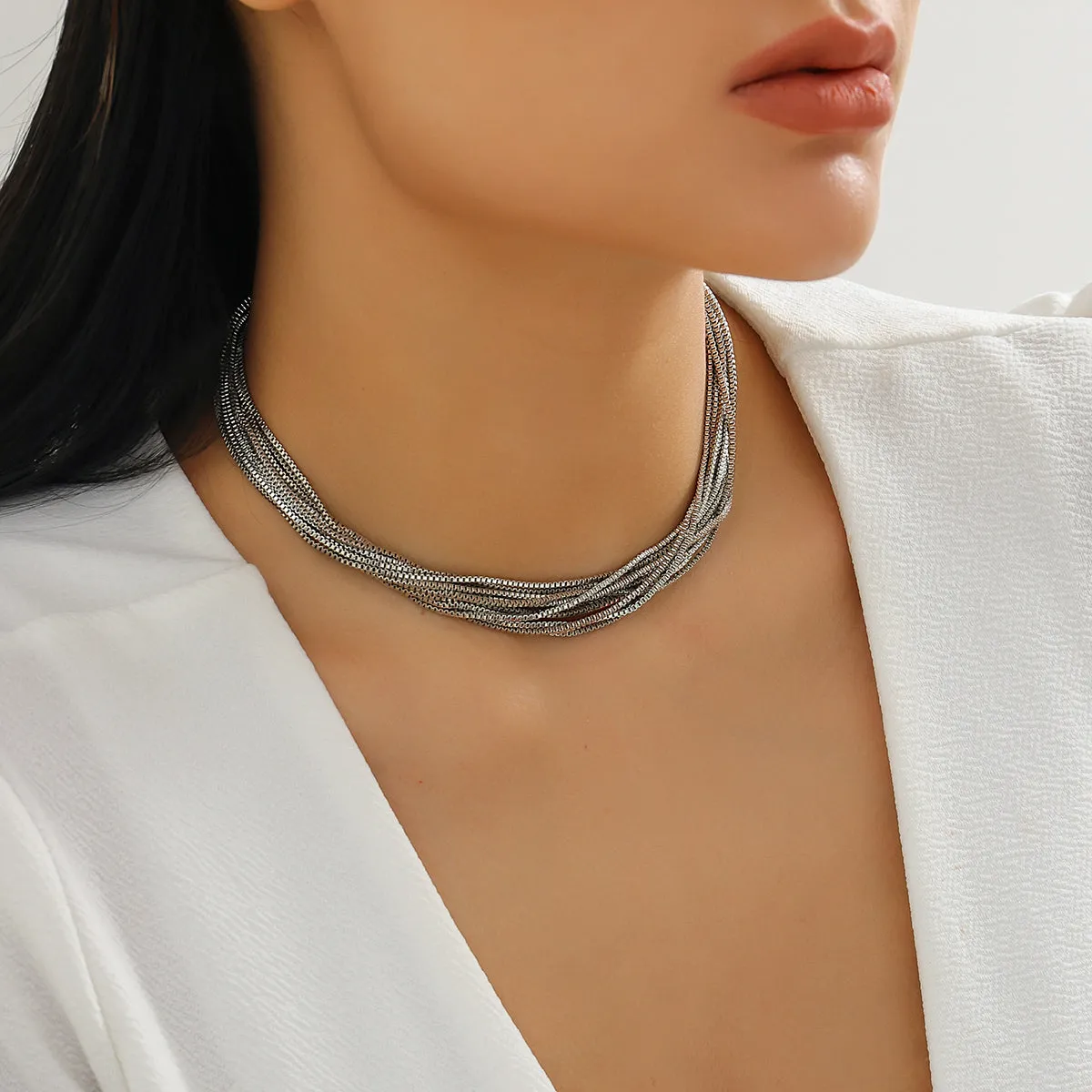 Silver-Plated Multi-Strand Box Chain Necklace