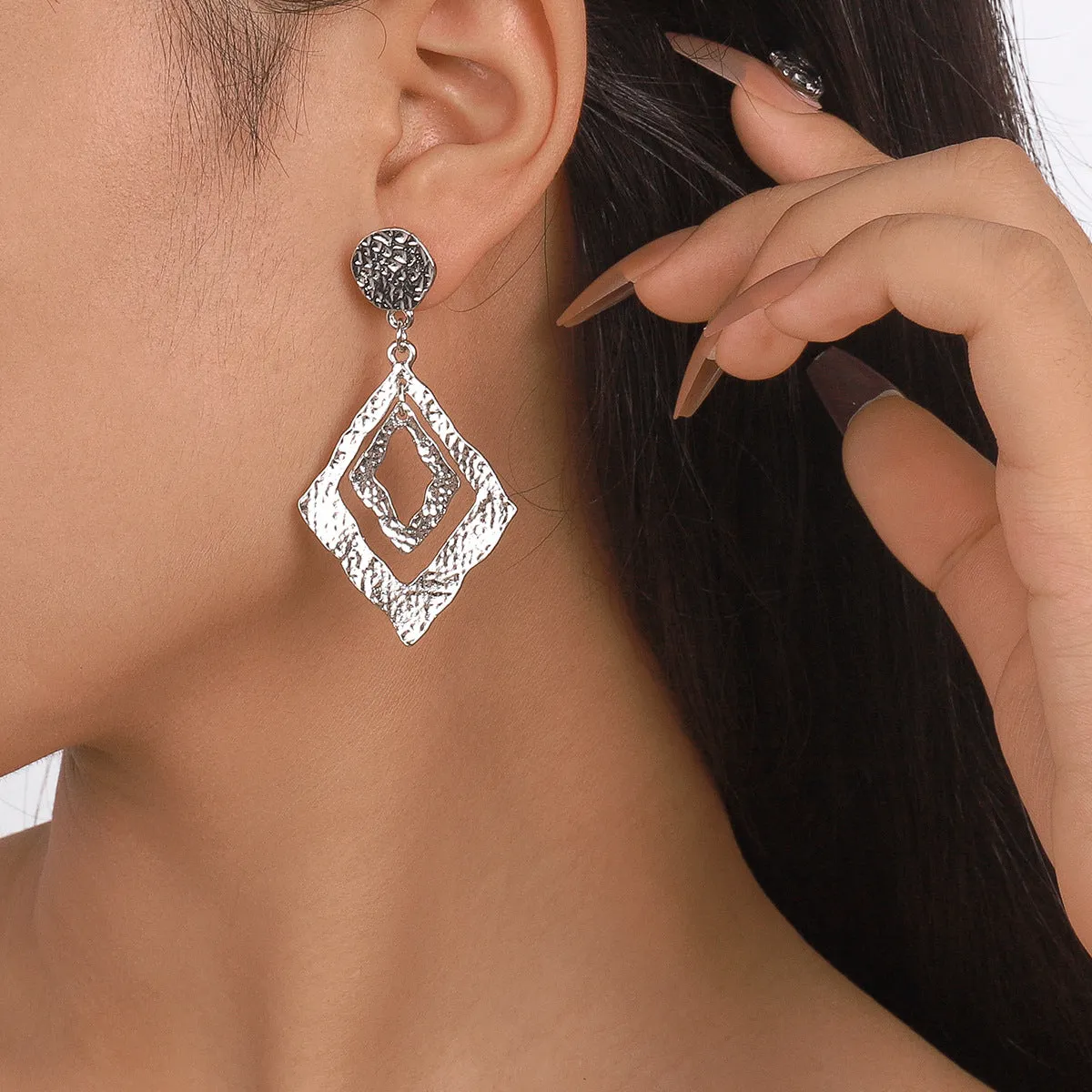 Silver-Plated Textured Dual Rhombus Drop Earrings