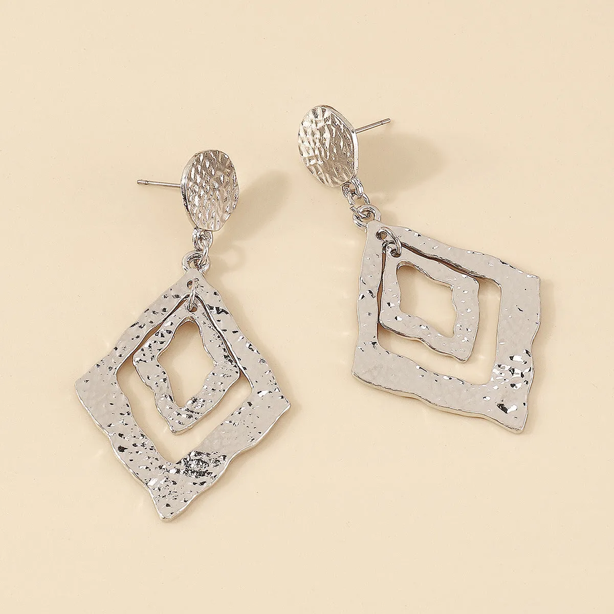 Silver-Plated Textured Dual Rhombus Drop Earrings