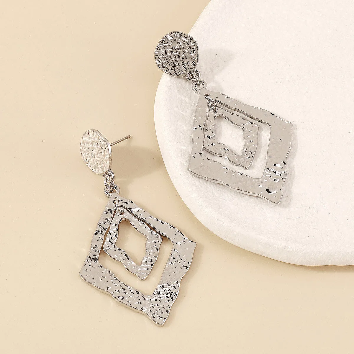 Silver-Plated Textured Dual Rhombus Drop Earrings