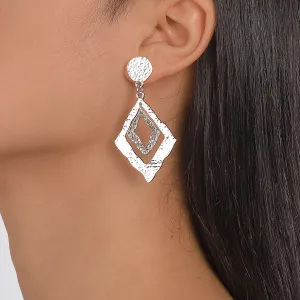 Silver-Plated Textured Dual Rhombus Drop Earrings