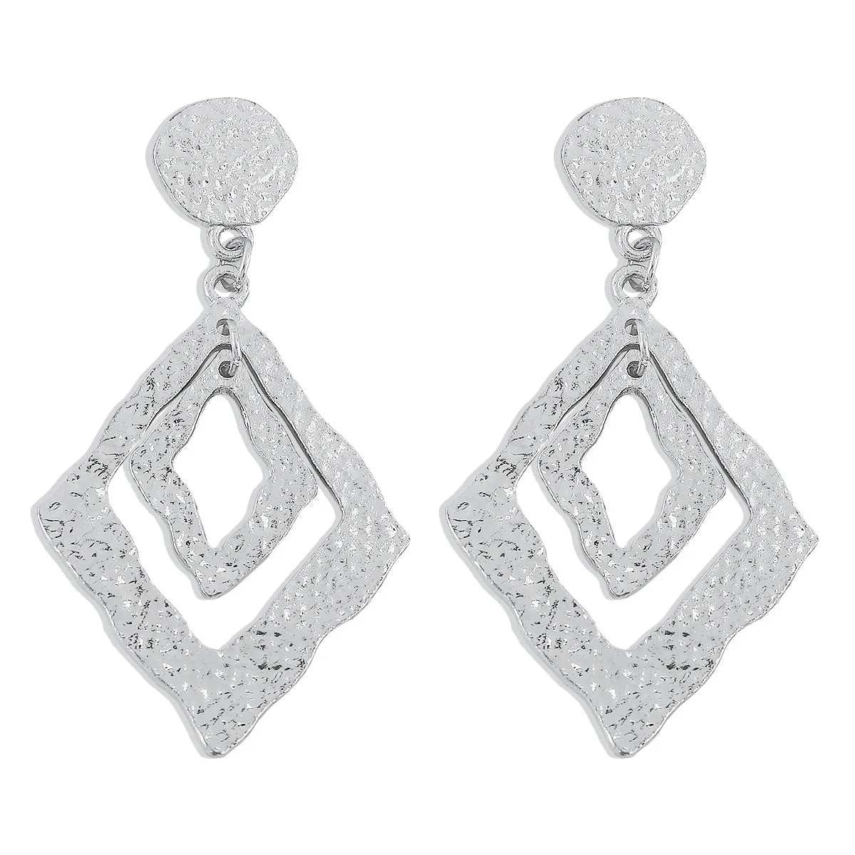 Silver-Plated Textured Dual Rhombus Drop Earrings