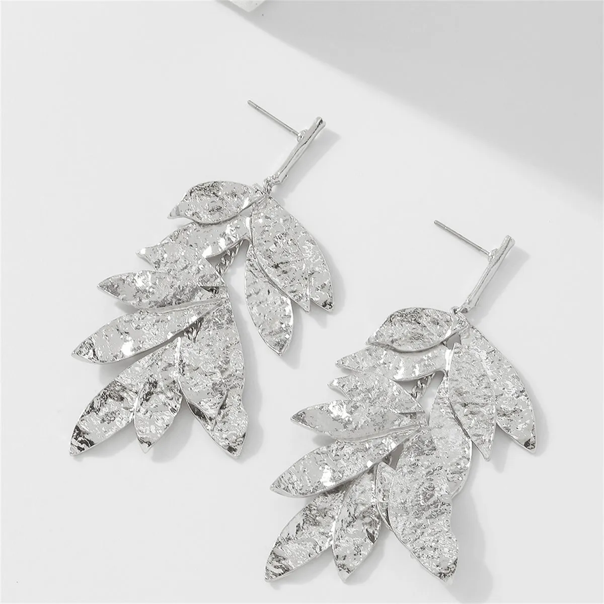 Silver-Plated Textured Leaves Drop Earrings