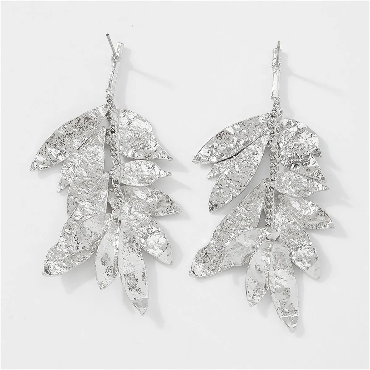 Silver-Plated Textured Leaves Drop Earrings