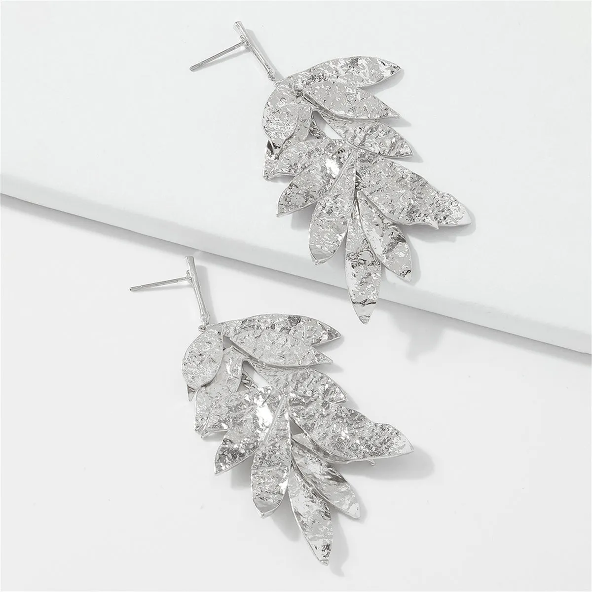 Silver-Plated Textured Leaves Drop Earrings