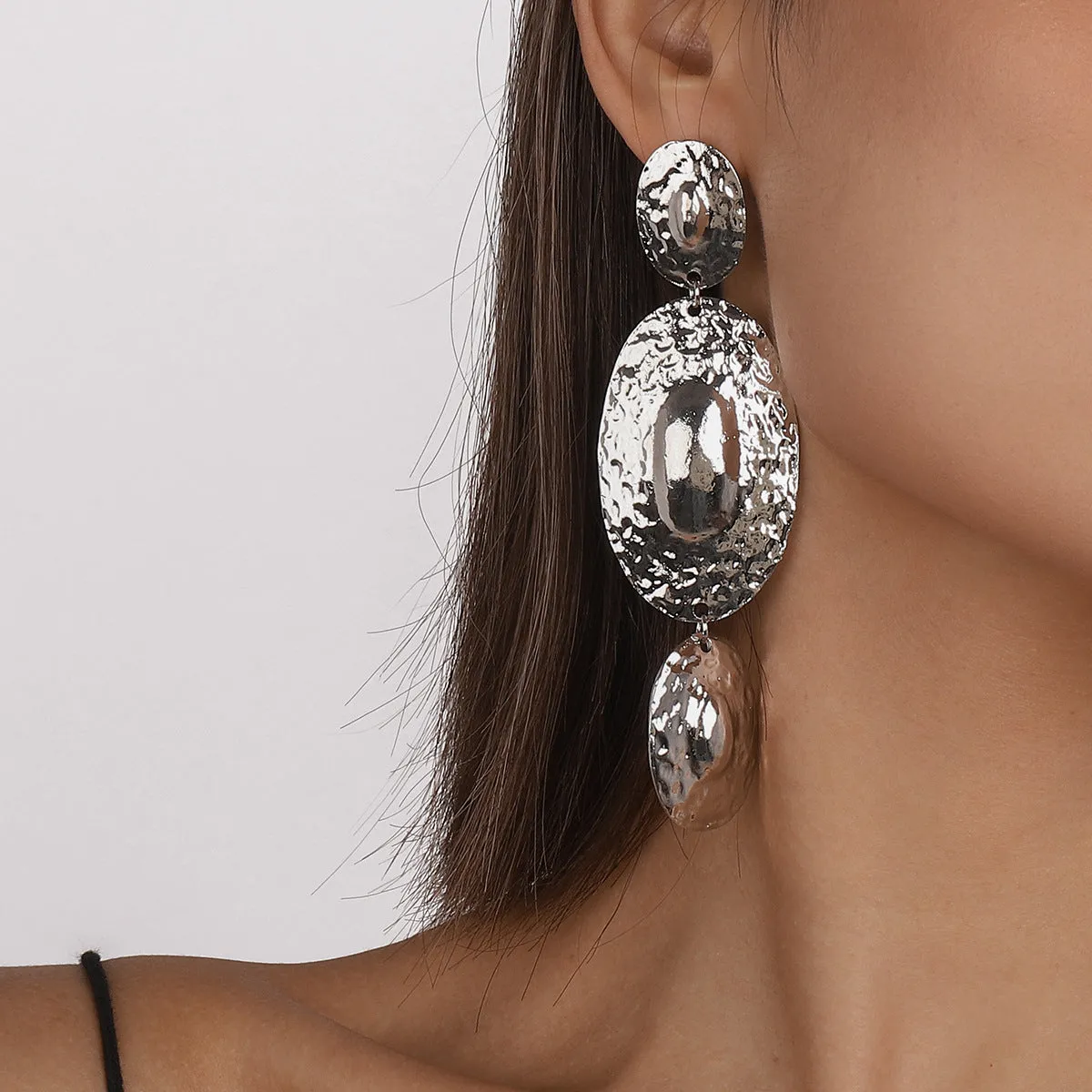 Silver-Plated Textured Oval Drop Earrings