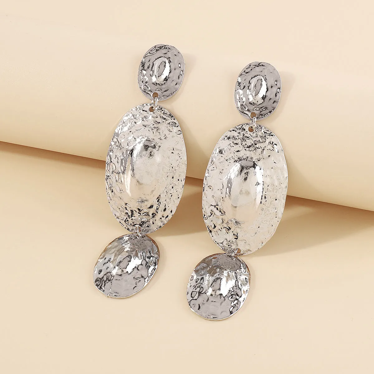Silver-Plated Textured Oval Drop Earrings