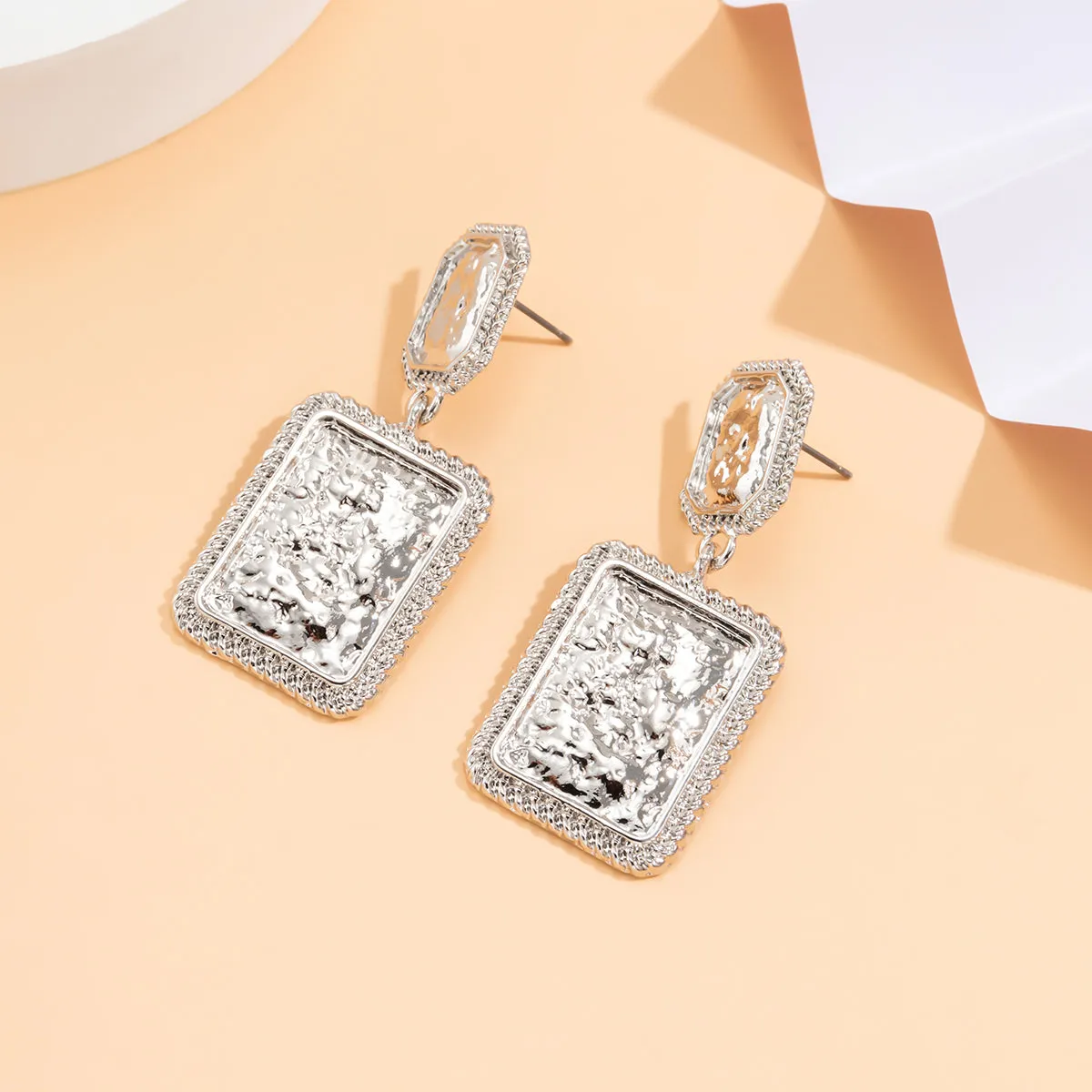 Silver-Plated Wrinkled Rectangle Drop Earrings