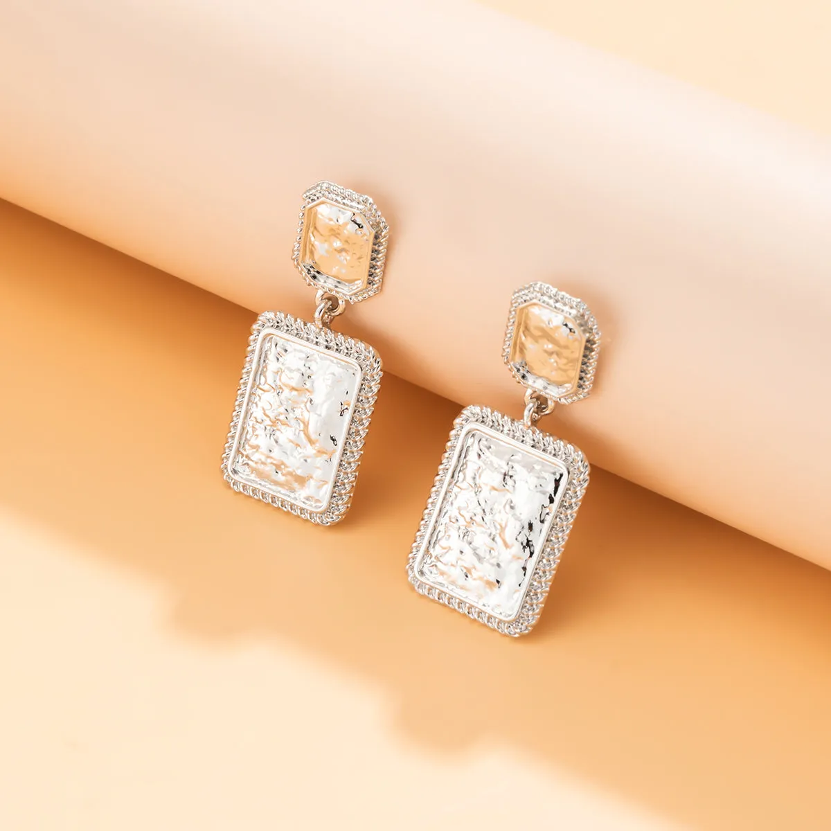Silver-Plated Wrinkled Rectangle Drop Earrings
