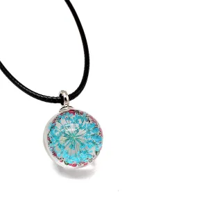Sky Blue Gypsophila Round Cord Pendant Necklace