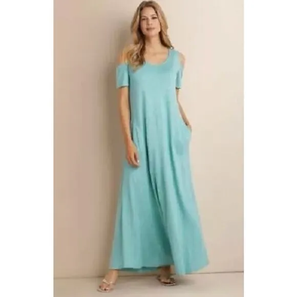 Soft Surroundings Electra Cold Shoulder Blue Maxi Dress 29341 sz M