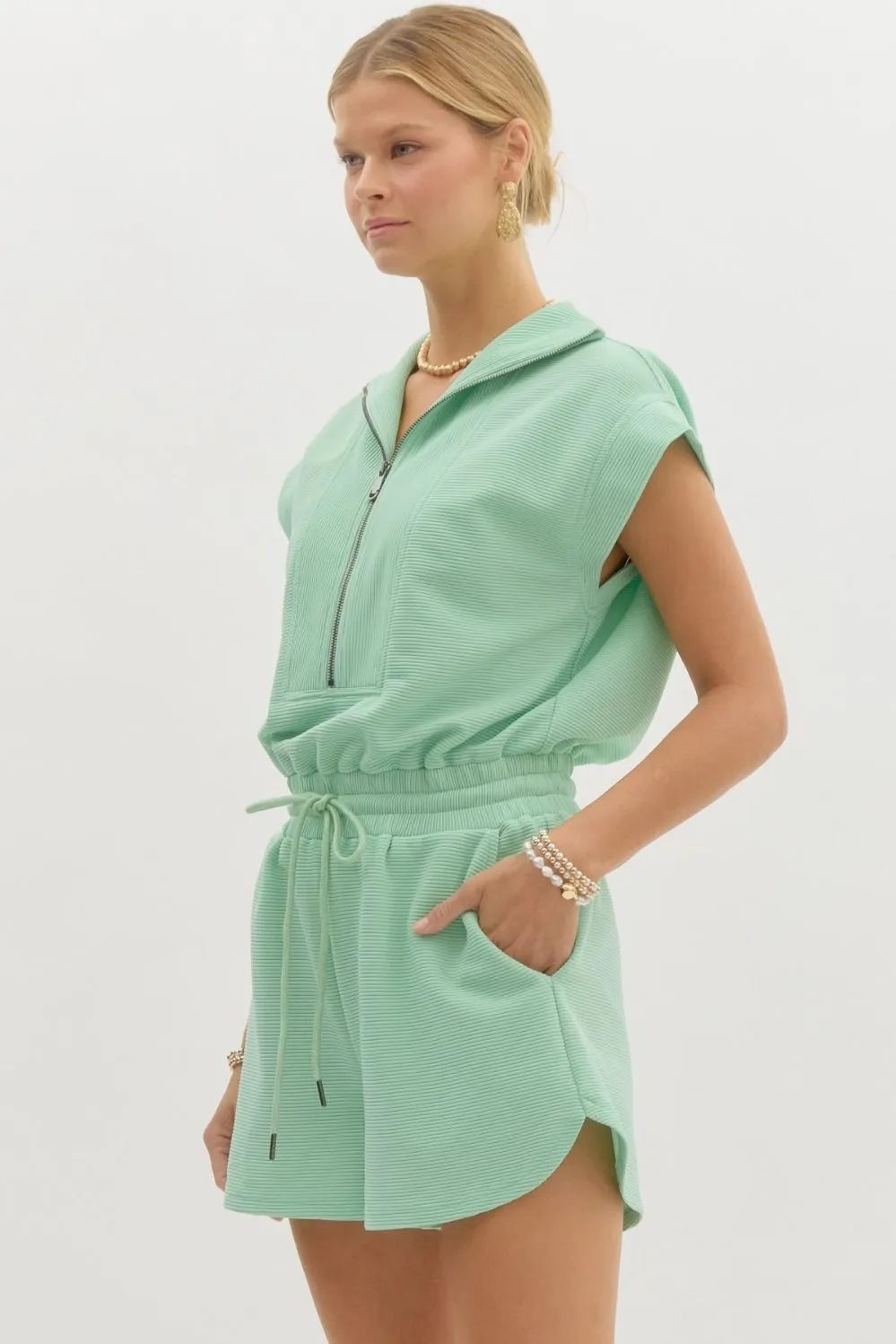 Solid Textured Collared Short Sleeve Romper