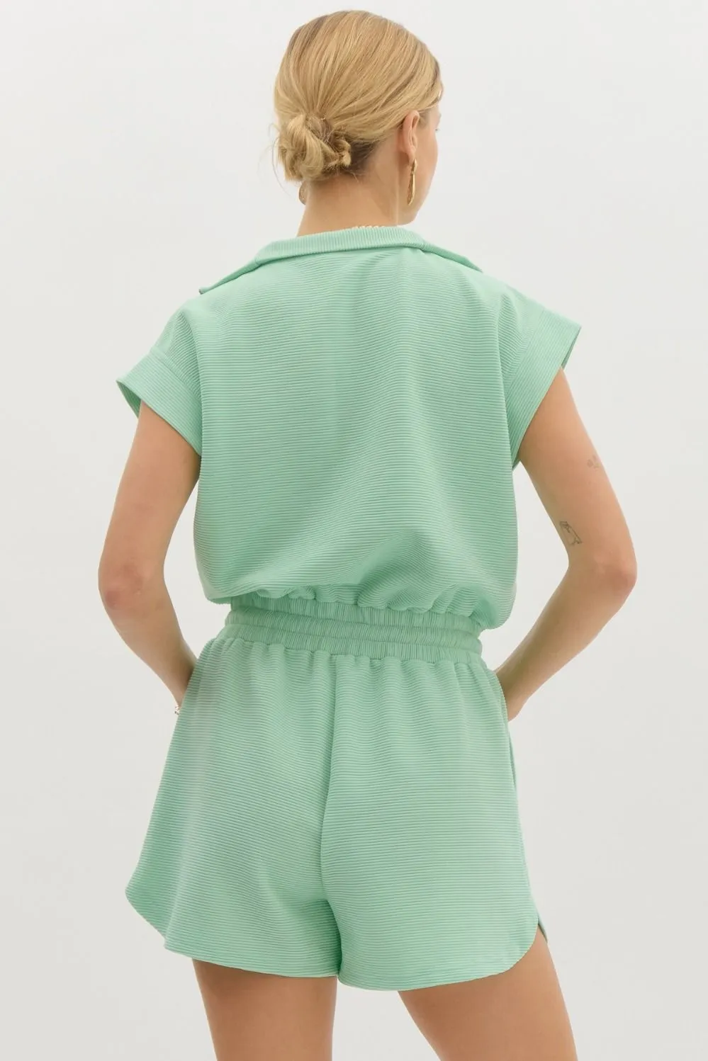 Solid Textured Collared Short Sleeve Romper