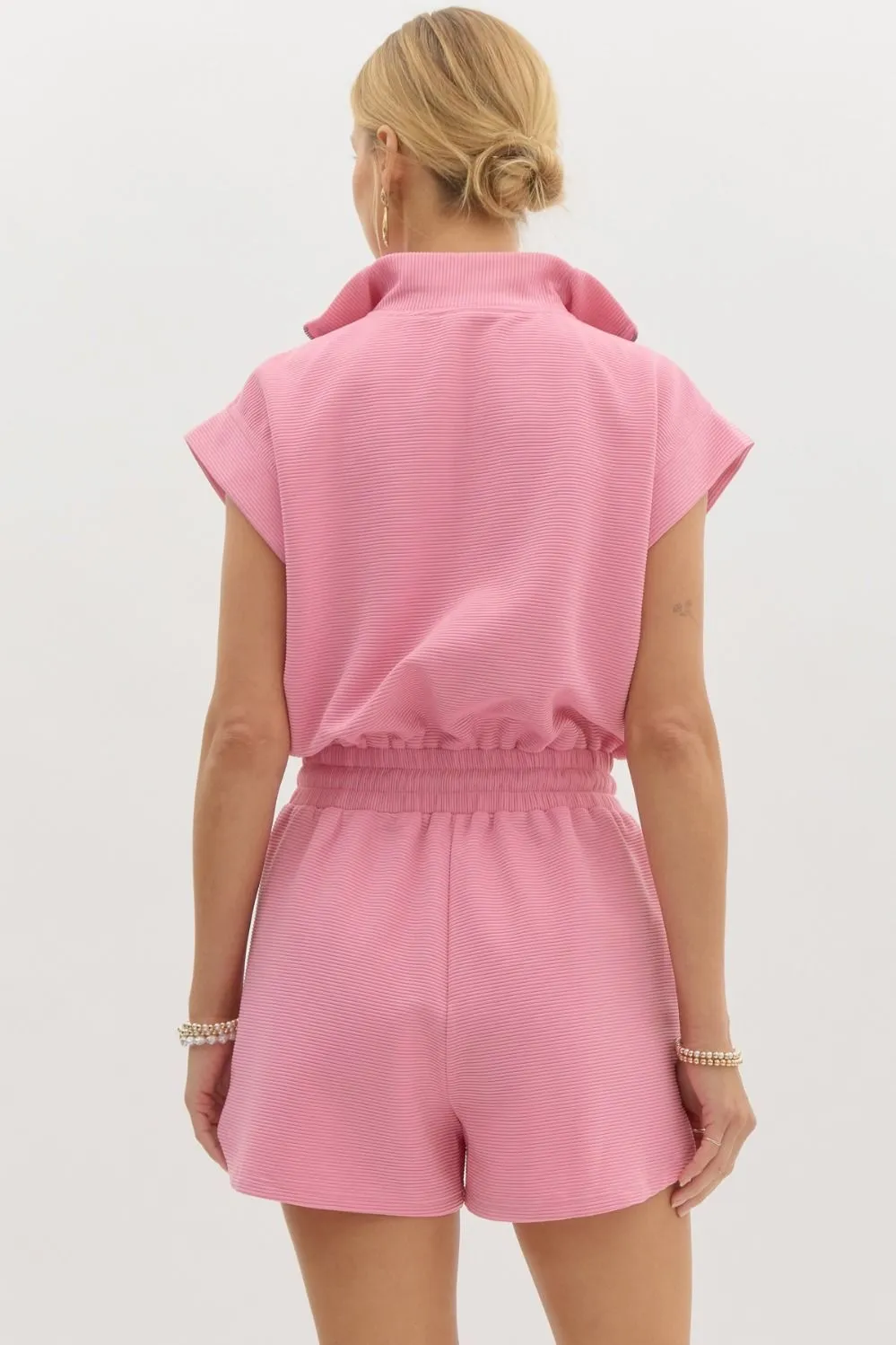 Solid Textured Collared Short Sleeve Romper