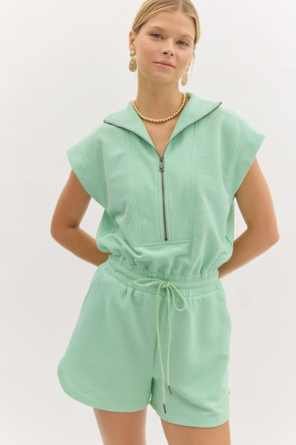Solid Textured Collared Short Sleeve Romper