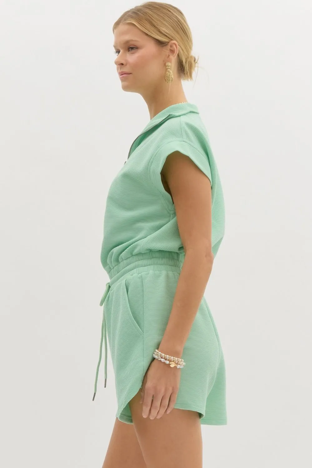 Solid Textured Collared Short Sleeve Romper