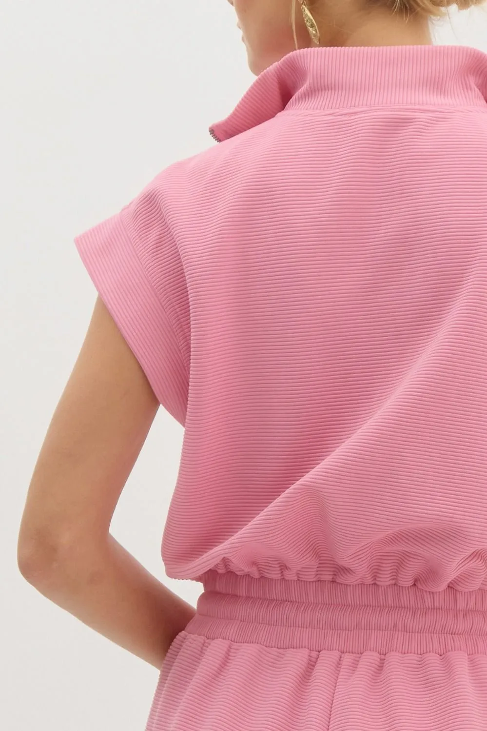 Solid Textured Collared Short Sleeve Romper
