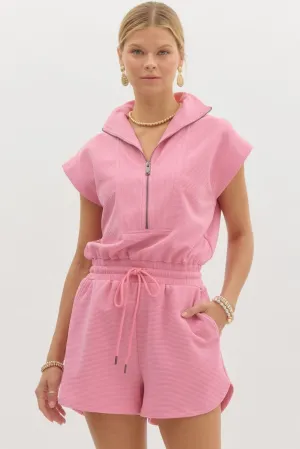 Solid Textured Collared Short Sleeve Romper
