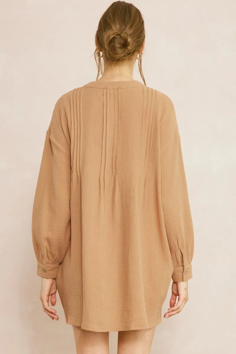 Solid Textured Long Sleeve Dress {Camel}