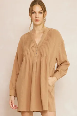 Solid Textured Long Sleeve Dress {Camel}