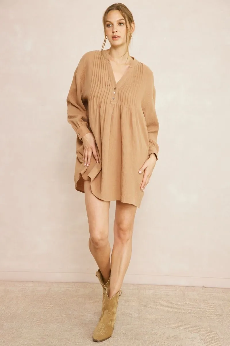 Solid Textured Long Sleeve Dress {Camel}