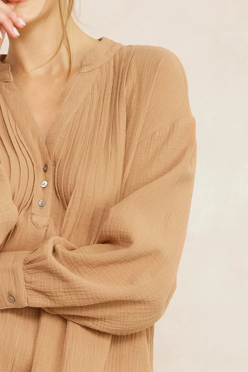 Solid Textured Long Sleeve Dress {Camel}