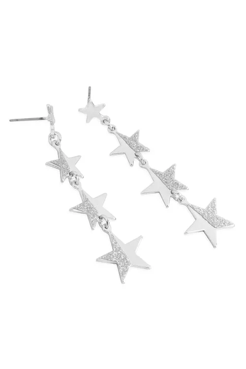 STAR TEXTURED LINK DANGLING EARRINGS-SILVER
