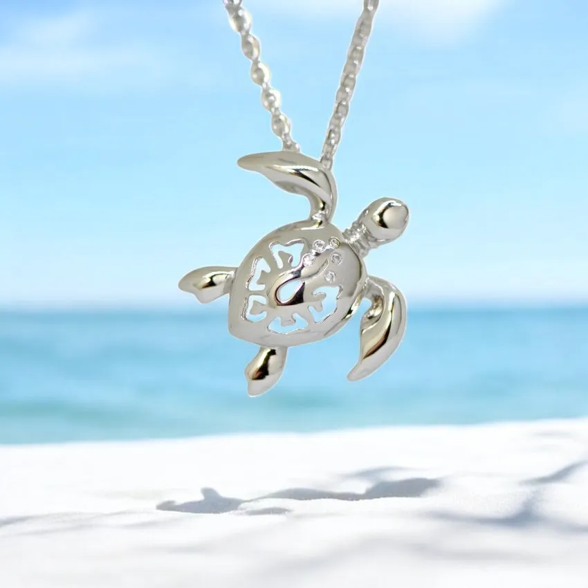 Sterling Silver Alamea Hibiscus Sea Turtle Pendant