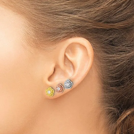 Sterling Silver Rose Gold and Yellow Gold CZ Rose 3 Pair Earrings Set